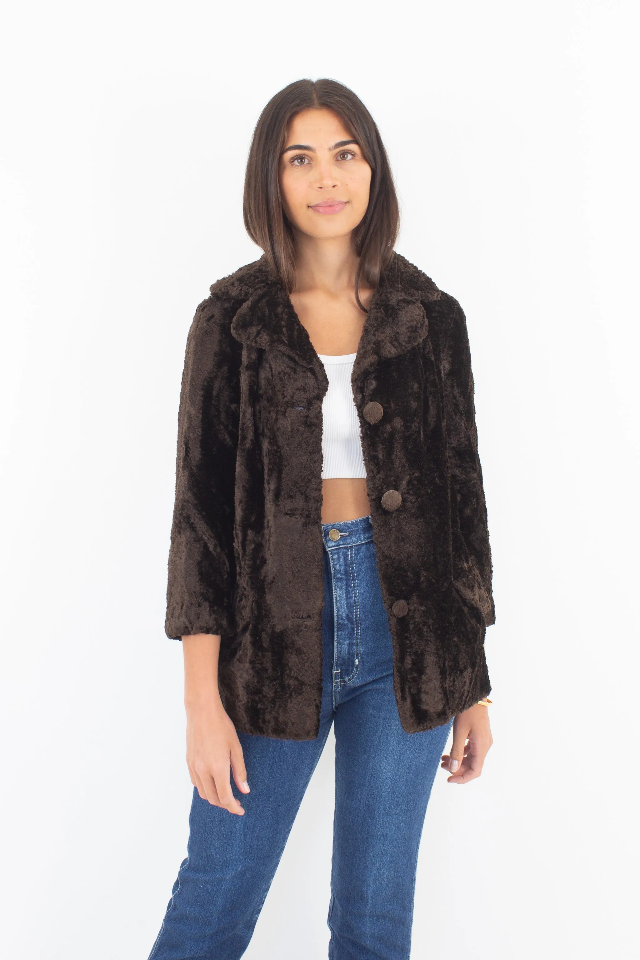 60s Chocolate Brown Fluffy Faux Fur Teddy Coat - Size XS/S