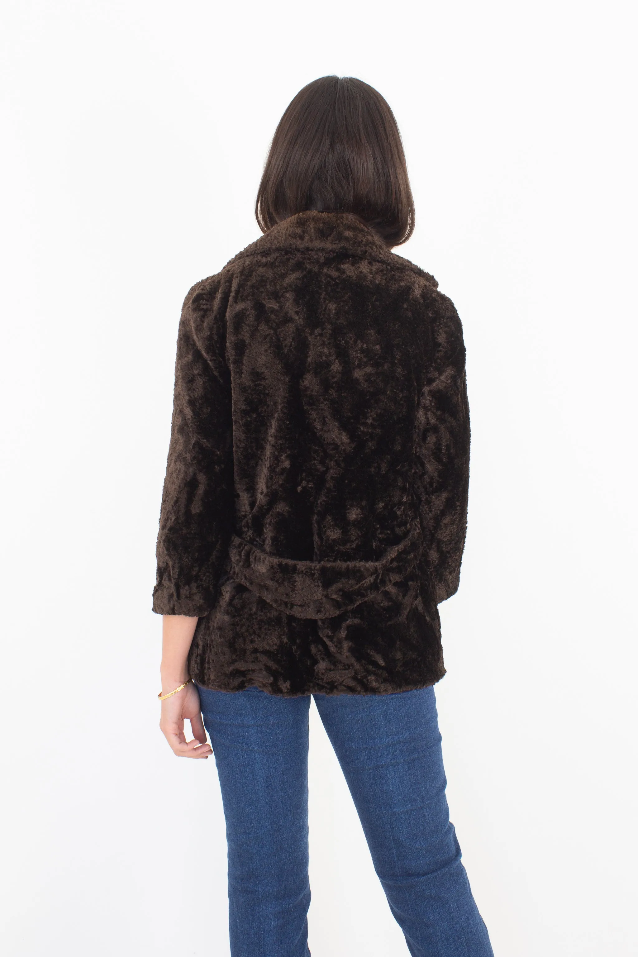 60s Chocolate Brown Fluffy Faux Fur Teddy Coat - Size XS/S