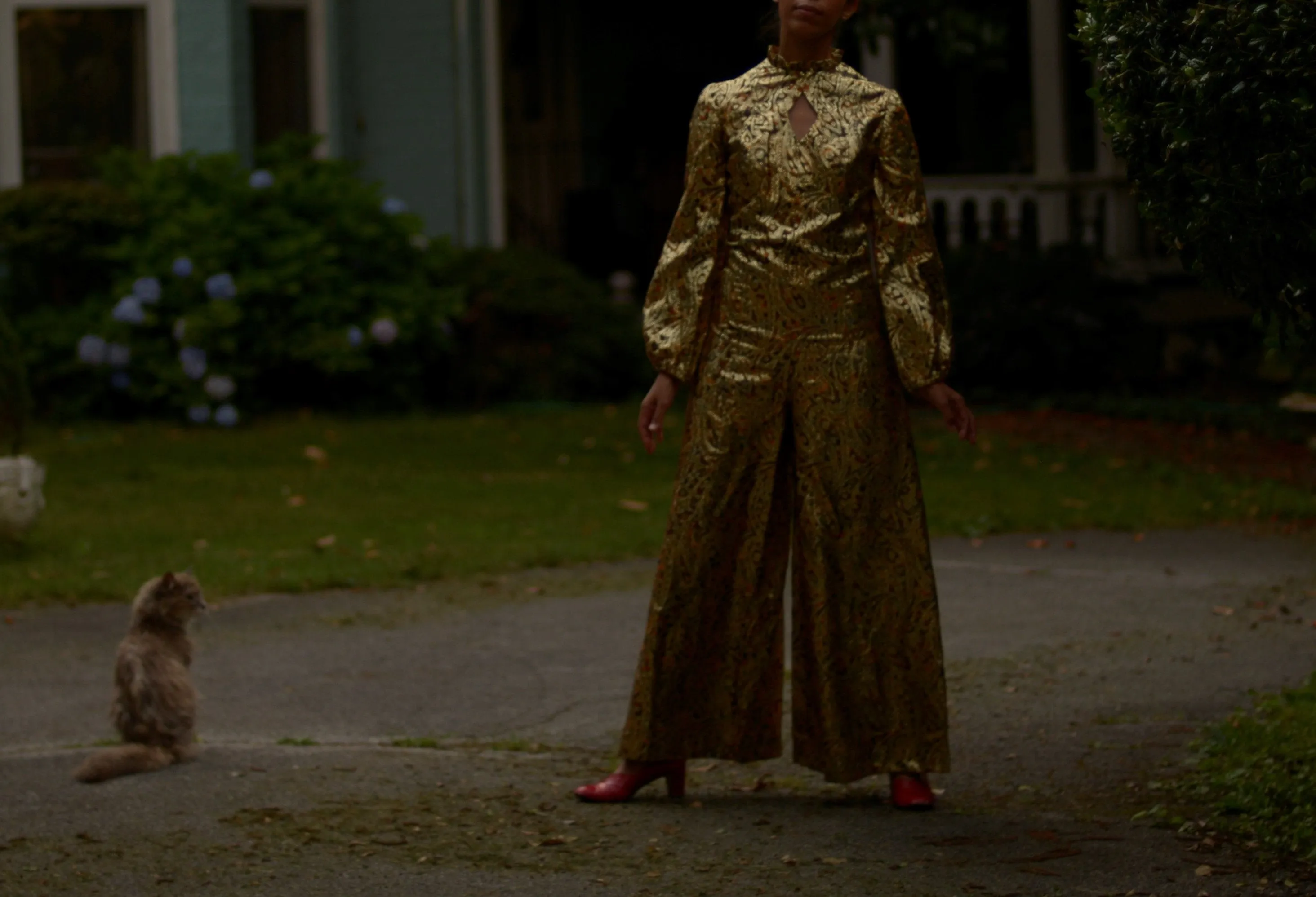 70s paisley gold lame palazzo jumpsuit // small, 37" hips