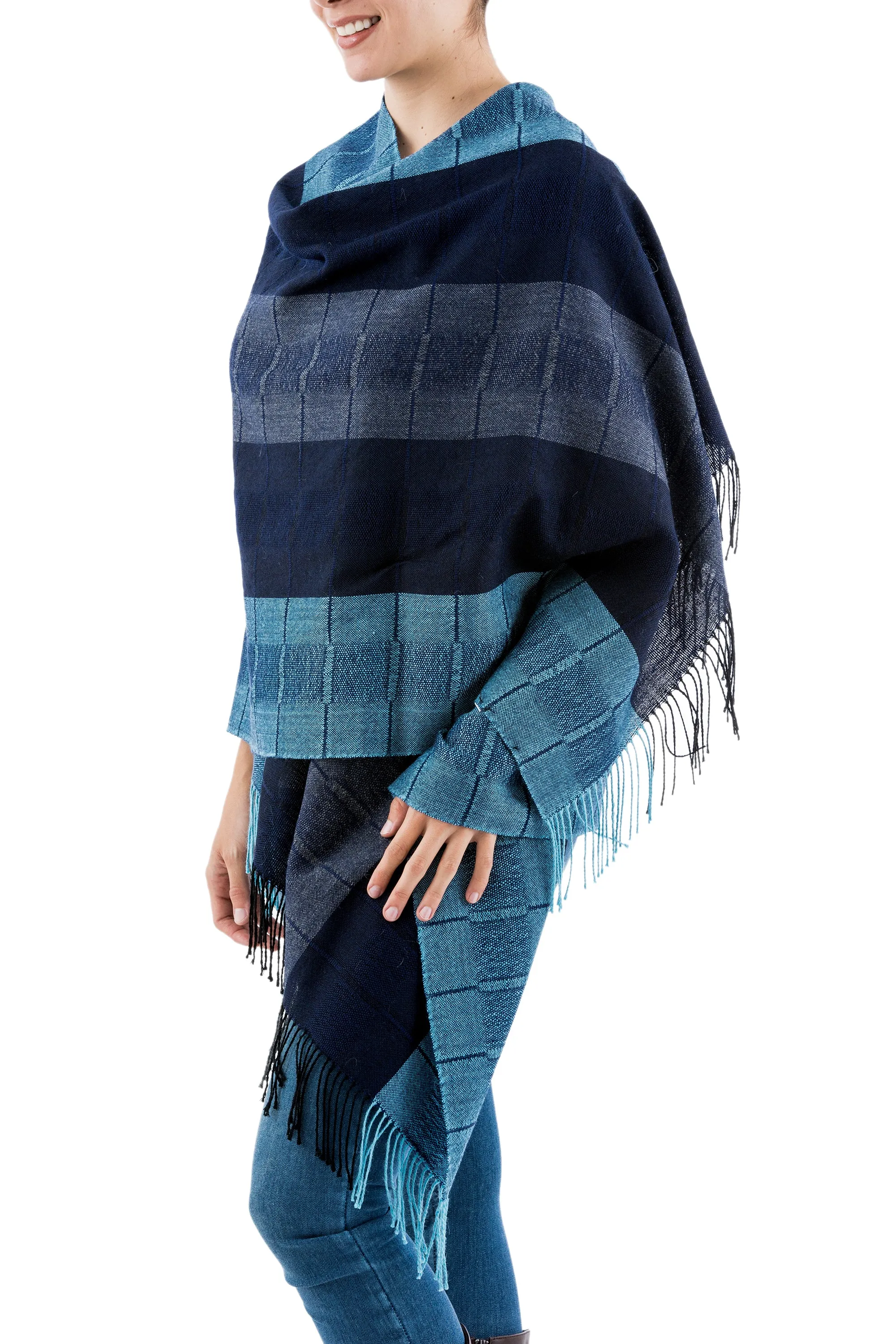 Alpaca Wool Patterned Shawl - Huancayo Blues | NOVICA