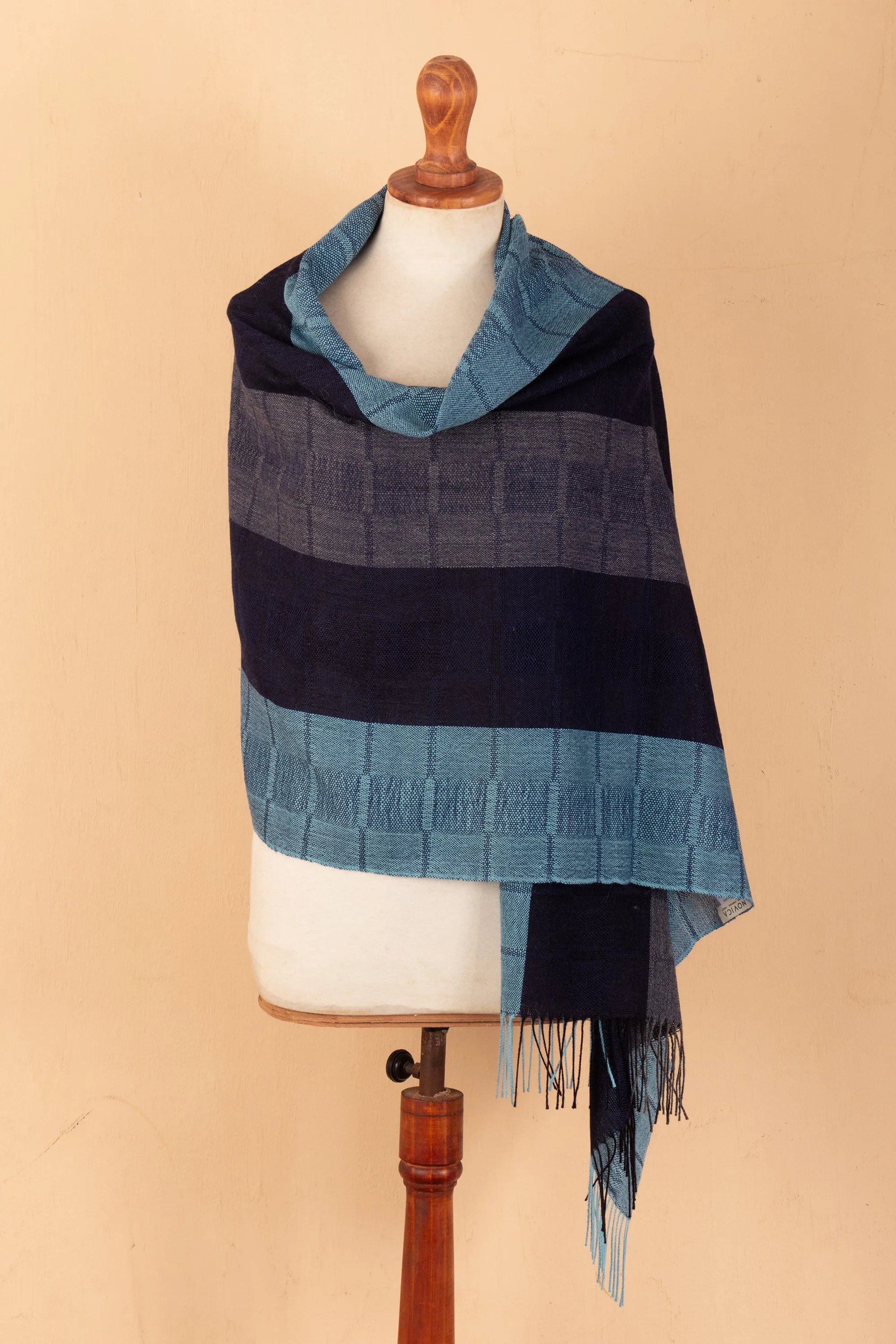 Alpaca Wool Patterned Shawl - Huancayo Blues | NOVICA