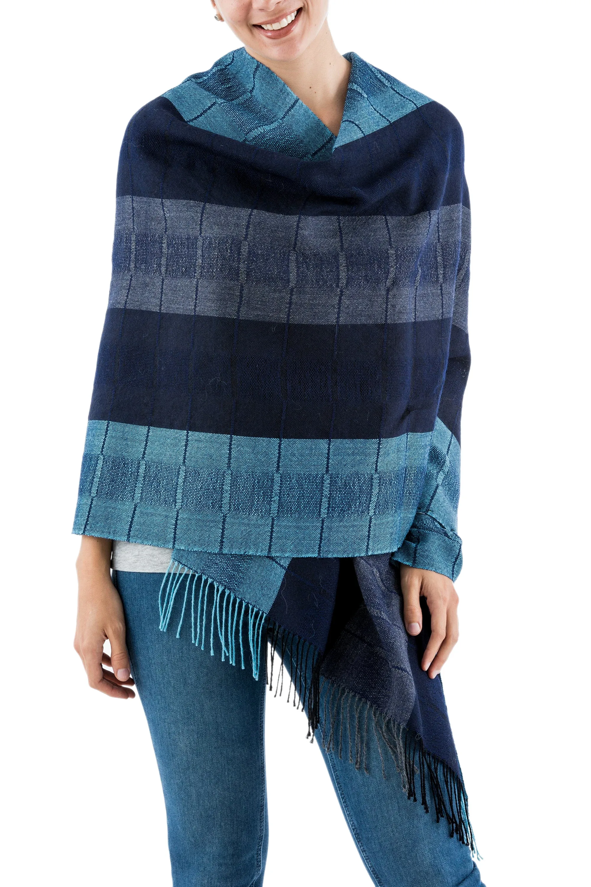 Alpaca Wool Patterned Shawl - Huancayo Blues | NOVICA