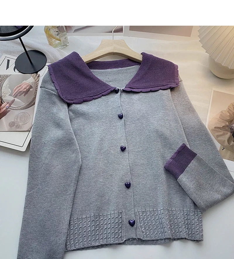 Baby collar long sleeve Vintage sweater single breasted top  6517