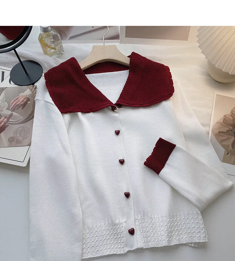 Baby collar long sleeve Vintage sweater single breasted top  6517