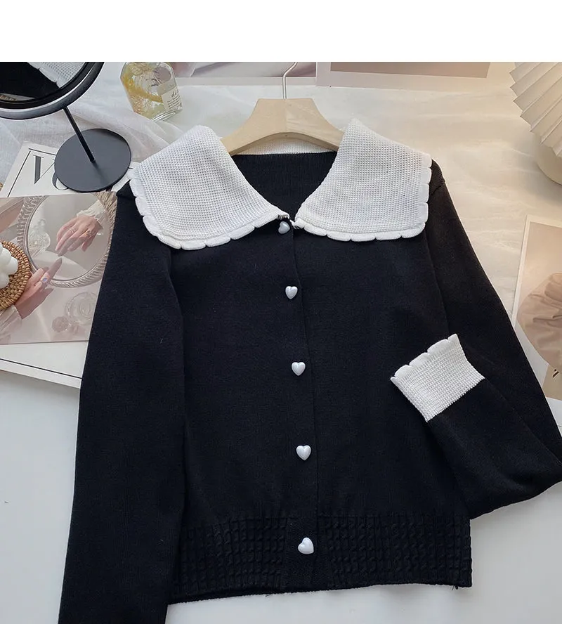 Baby collar long sleeve Vintage sweater single breasted top  6517