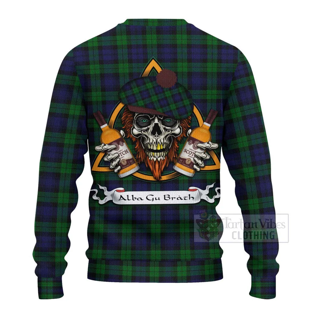 Black Watch Tartan Ugly Sweater with Family Crest and Bearded Skull Holding Bottles of Whiskey