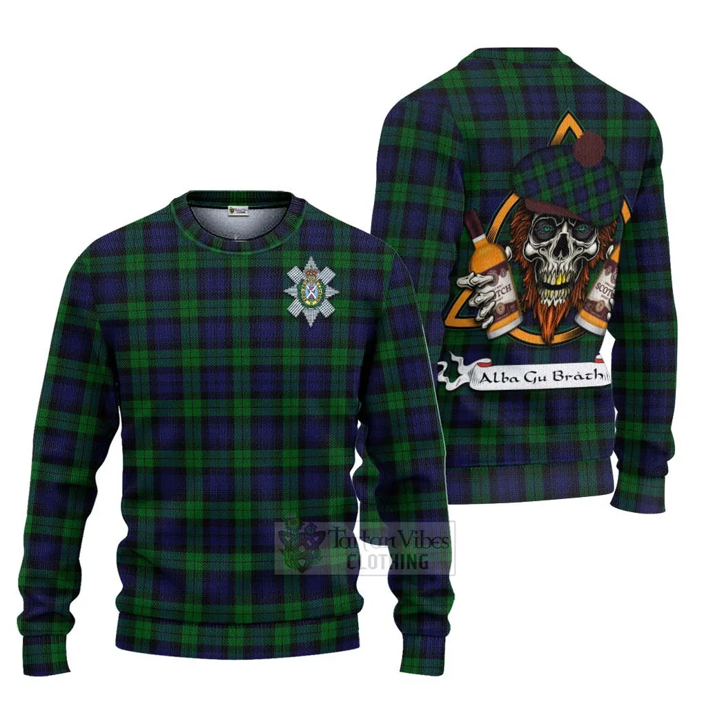 Black Watch Tartan Ugly Sweater with Family Crest and Bearded Skull Holding Bottles of Whiskey