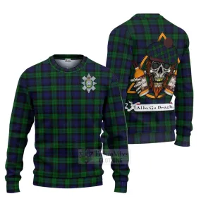 Black Watch Tartan Ugly Sweater with Family Crest and Bearded Skull Holding Bottles of Whiskey