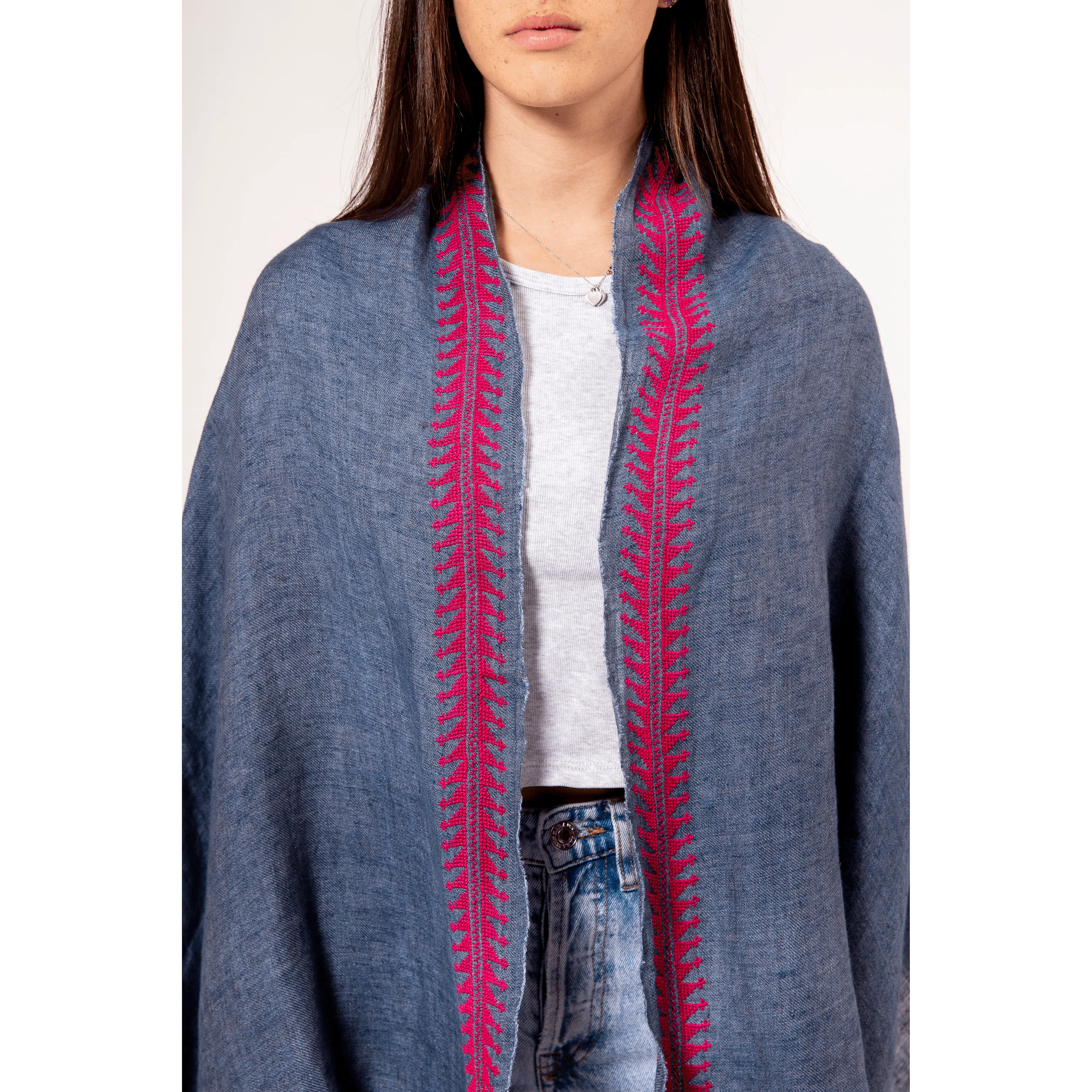 BLUE LINEN SHAWL HOT PINK MARY MAGDALENE