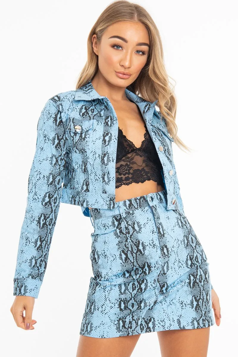 Blue Snake Print Trucker Jacket Mini Skirt Co-Ord - Kiera