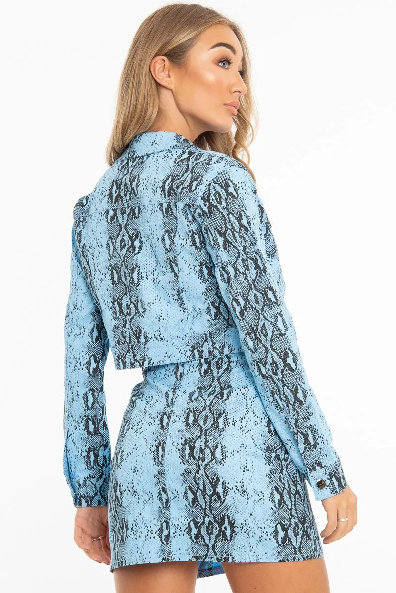 Blue Snake Print Trucker Jacket Mini Skirt Co-Ord - Kiera