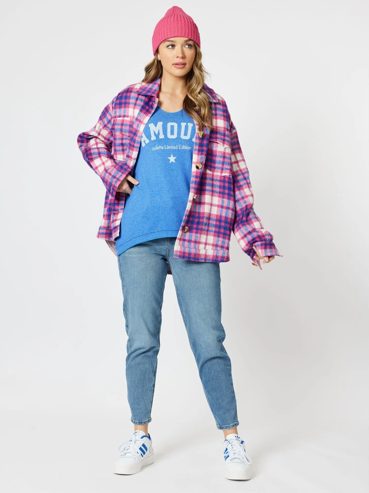 Brooklyn Check Melton Shacket - Pink