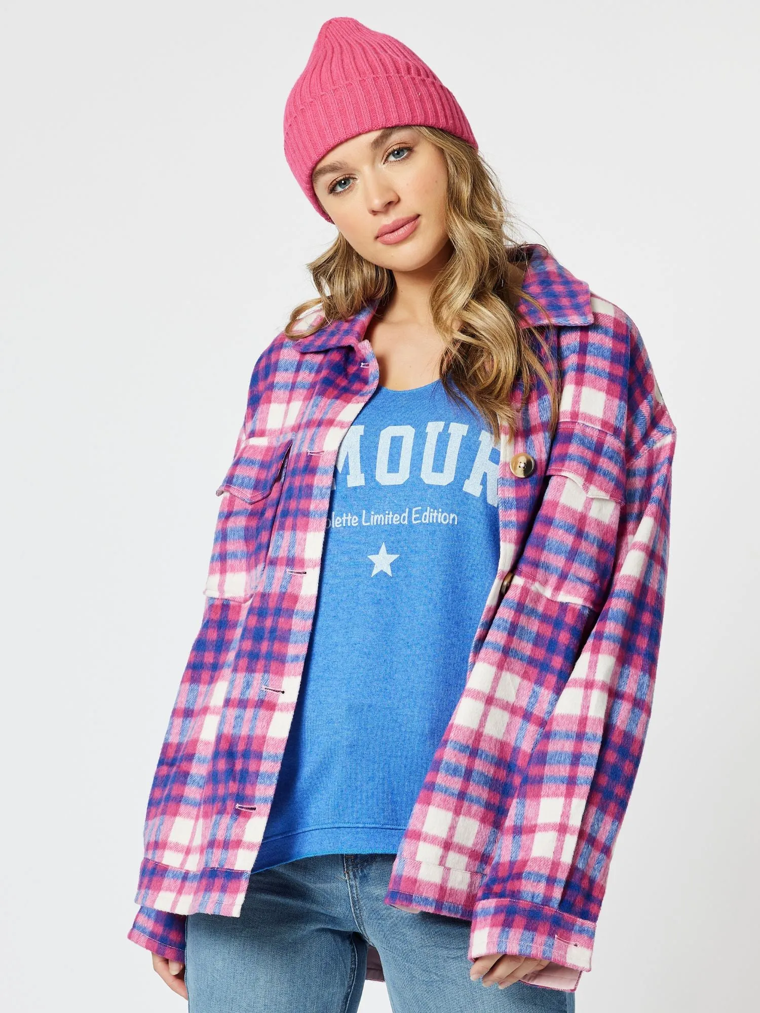 Brooklyn Check Melton Shacket - Pink