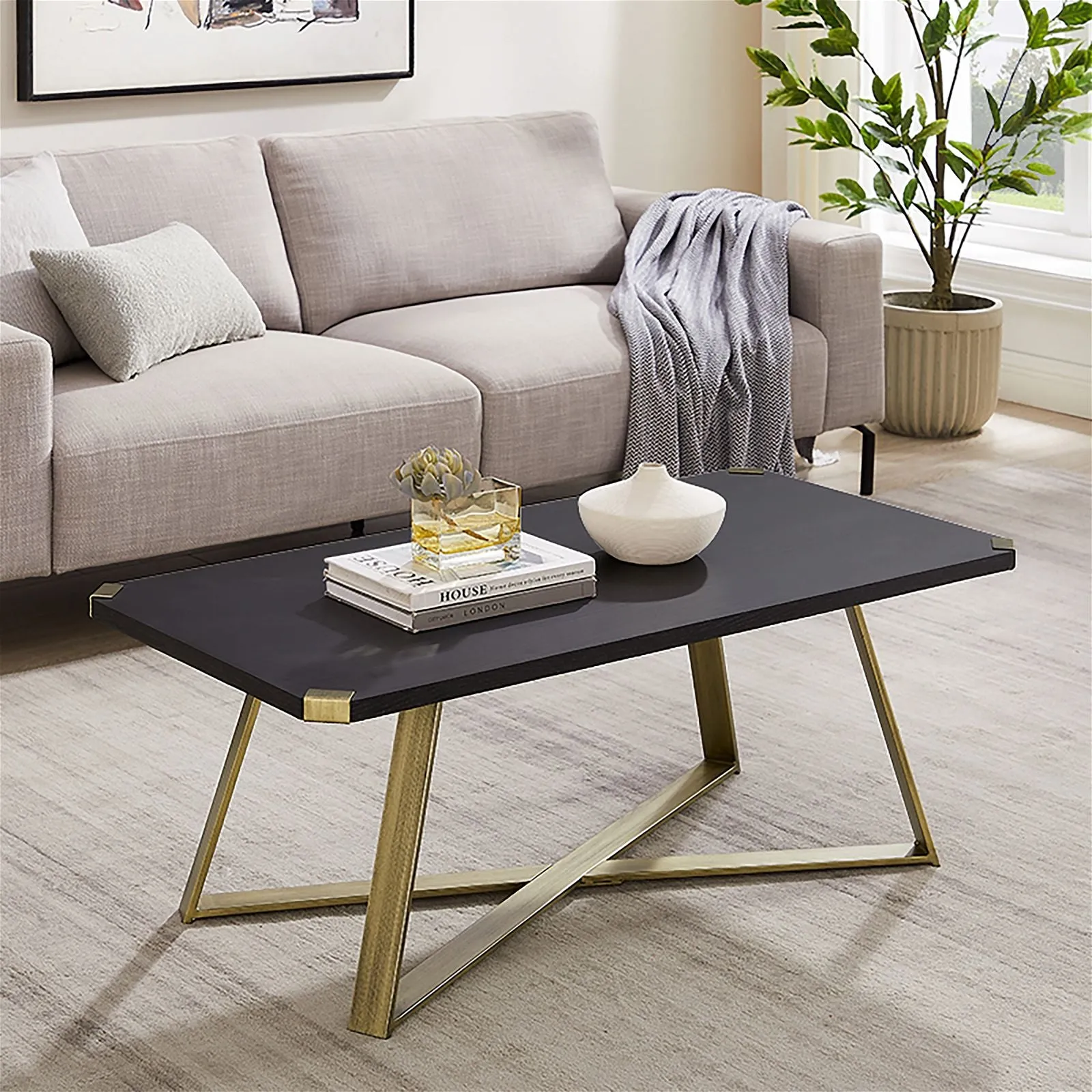 Capri Coffee Table 1100mm Gold Metal Leg and Metal Highlights Black Oak by Criterion™