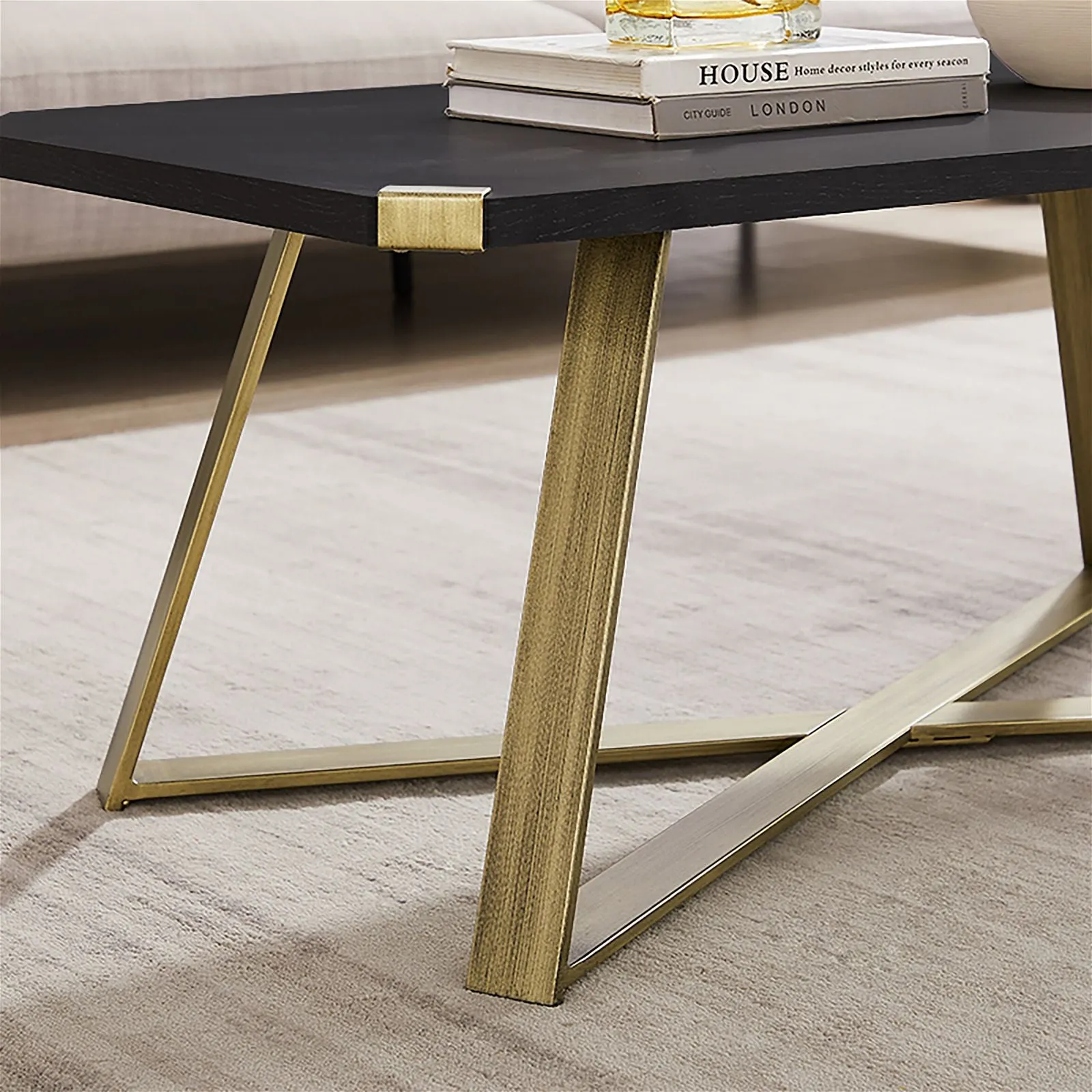 Capri Coffee Table 1100mm Gold Metal Leg and Metal Highlights Black Oak by Criterion™