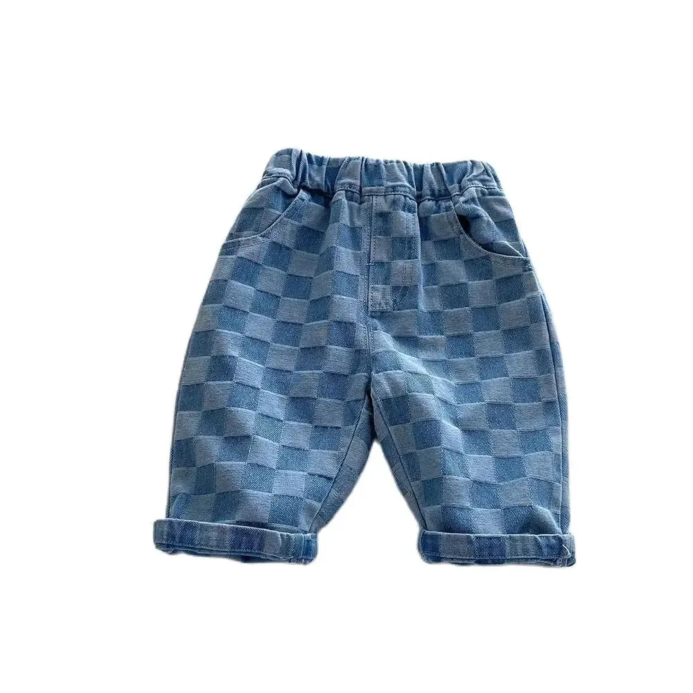Children's Jeans 1-5Y New 2024 Autumn Boys Plaid Denim Pants Loose Style Mid Waist Girls Checkerboard Trousers