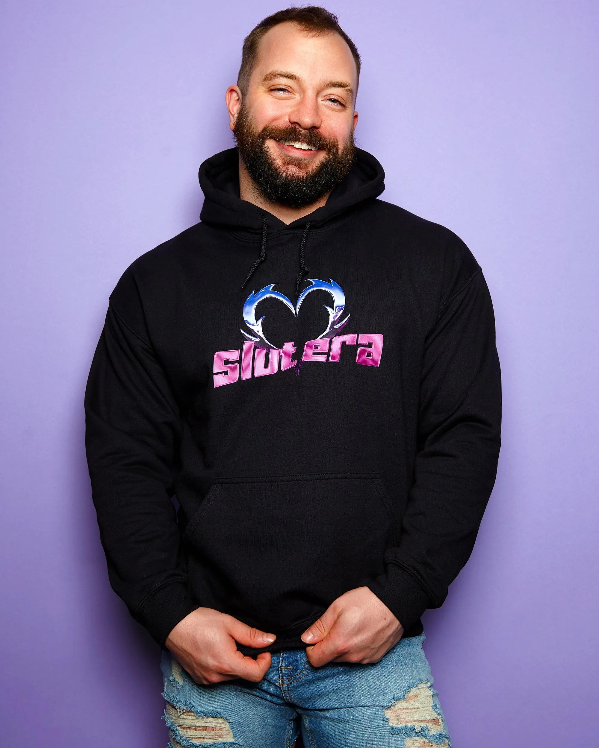 Chrome Y2K: S/UT ERA, chrome and pink on black - pullover hoodie.