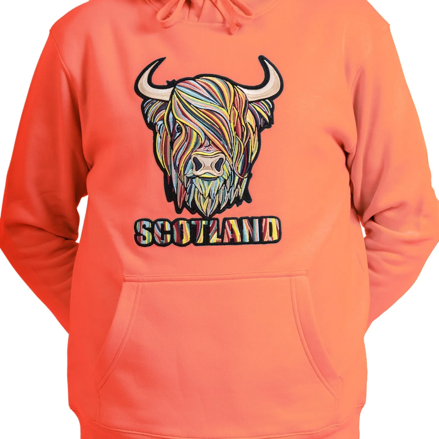Colourful Scotland Highland Cow Embroidered Hooded Sweatshirt Top Pastel Red