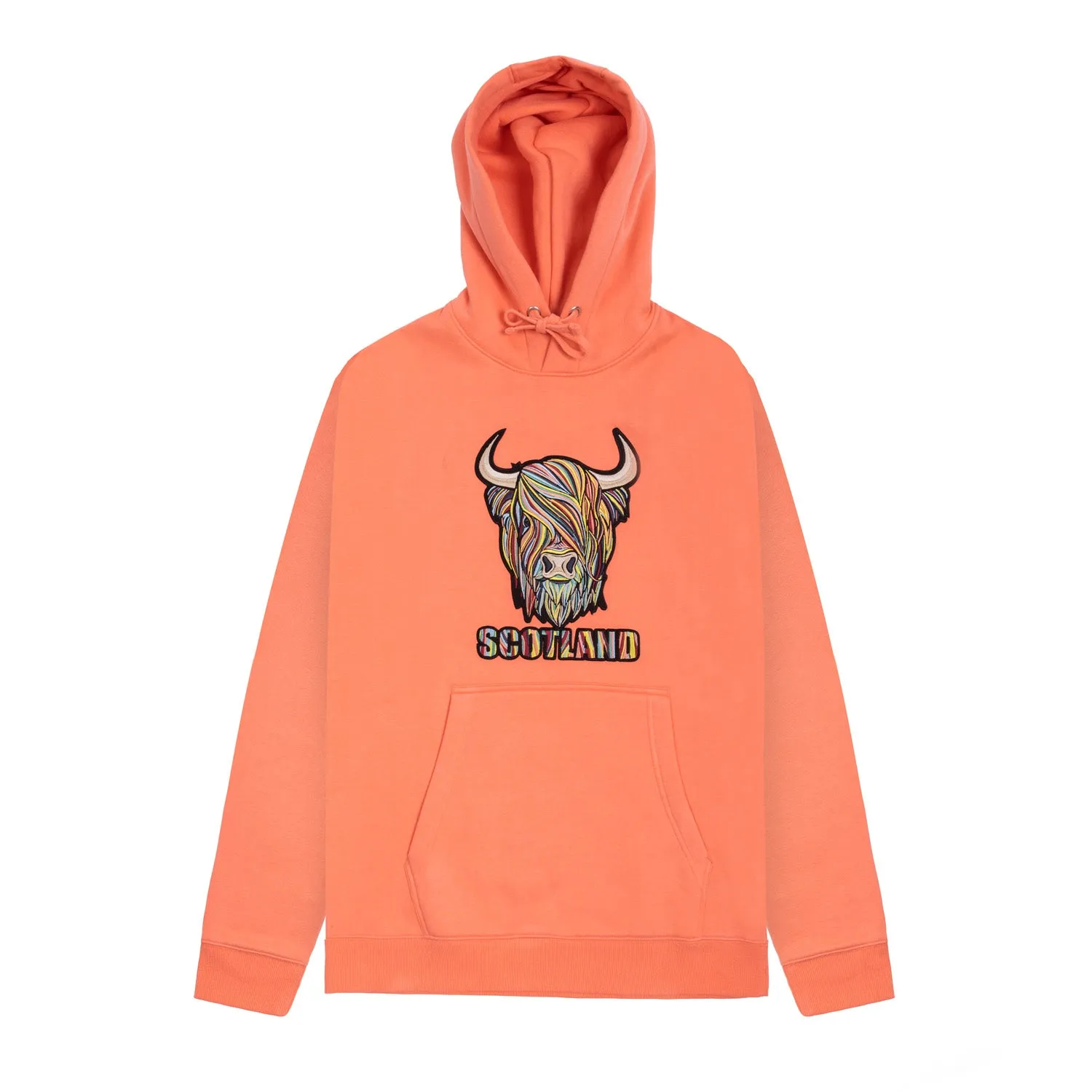 Colourful Scotland Highland Cow Embroidered Hooded Sweatshirt Top Pastel Red