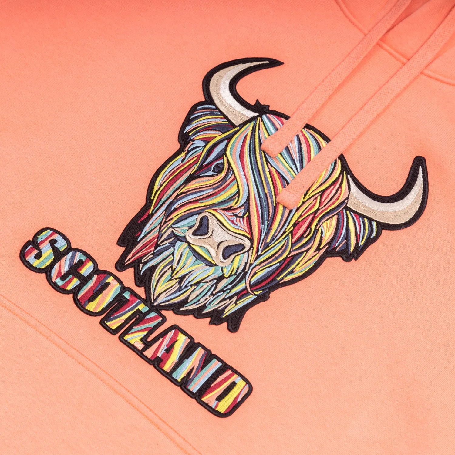 Colourful Scotland Highland Cow Embroidered Hooded Sweatshirt Top Pastel Red