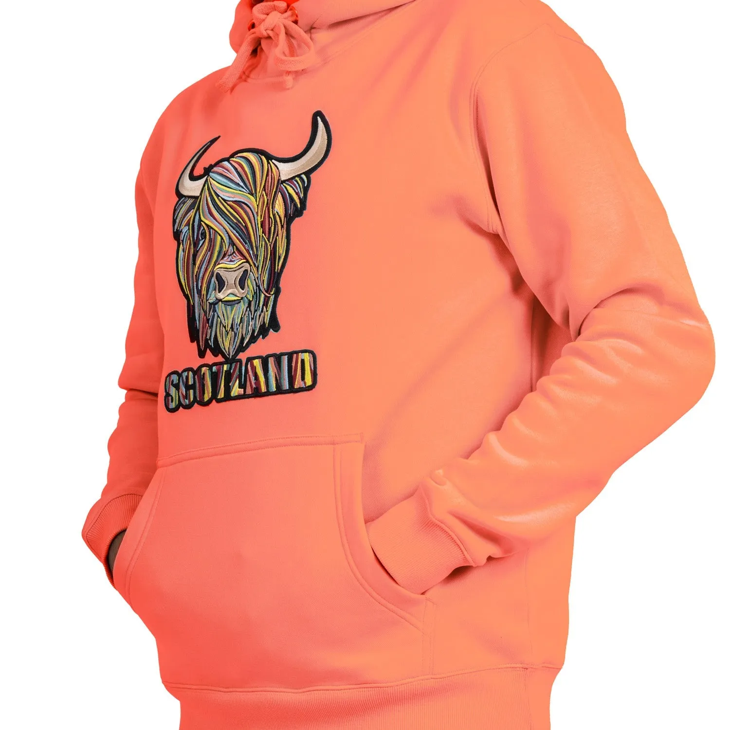 Colourful Scotland Highland Cow Embroidered Hooded Sweatshirt Top Pastel Red