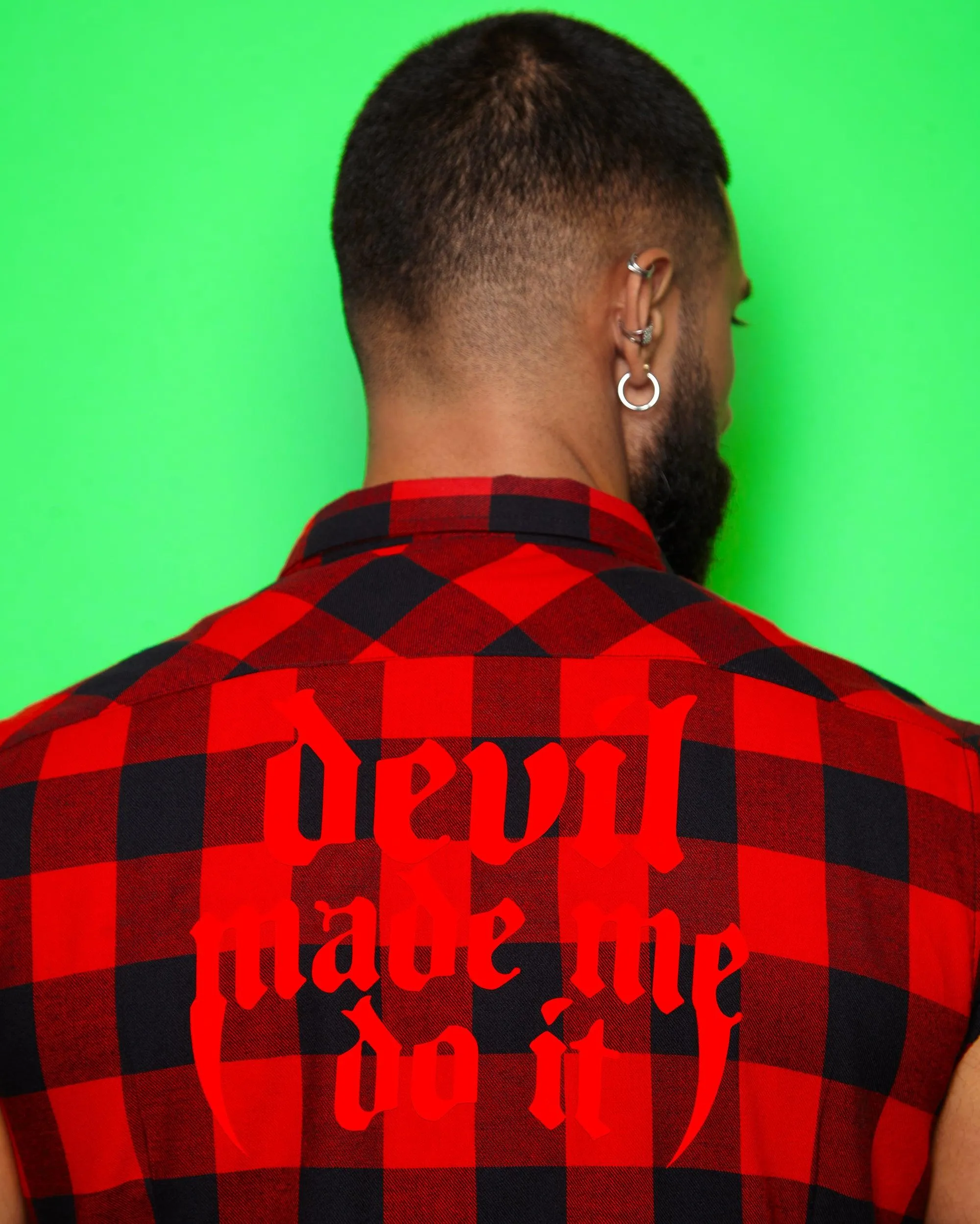 Devil made me do it, red flock on sleeveless checked flannel shirt