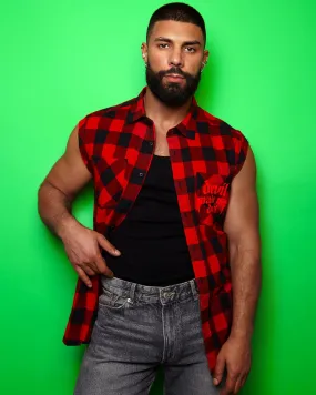 Devil made me do it, red flock on sleeveless checked flannel shirt