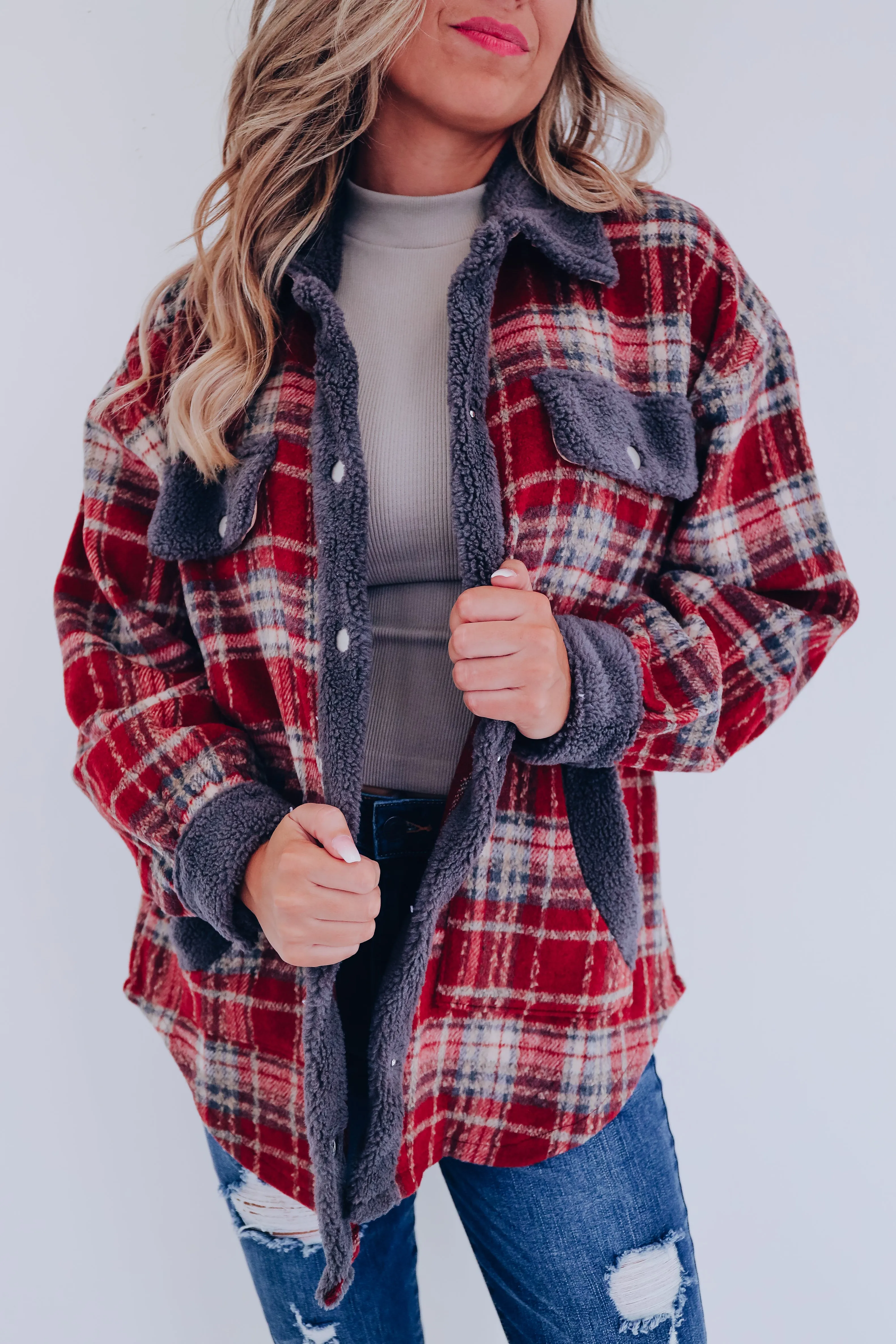 Fargo Contrasting Flannel Shacket - Brick Red