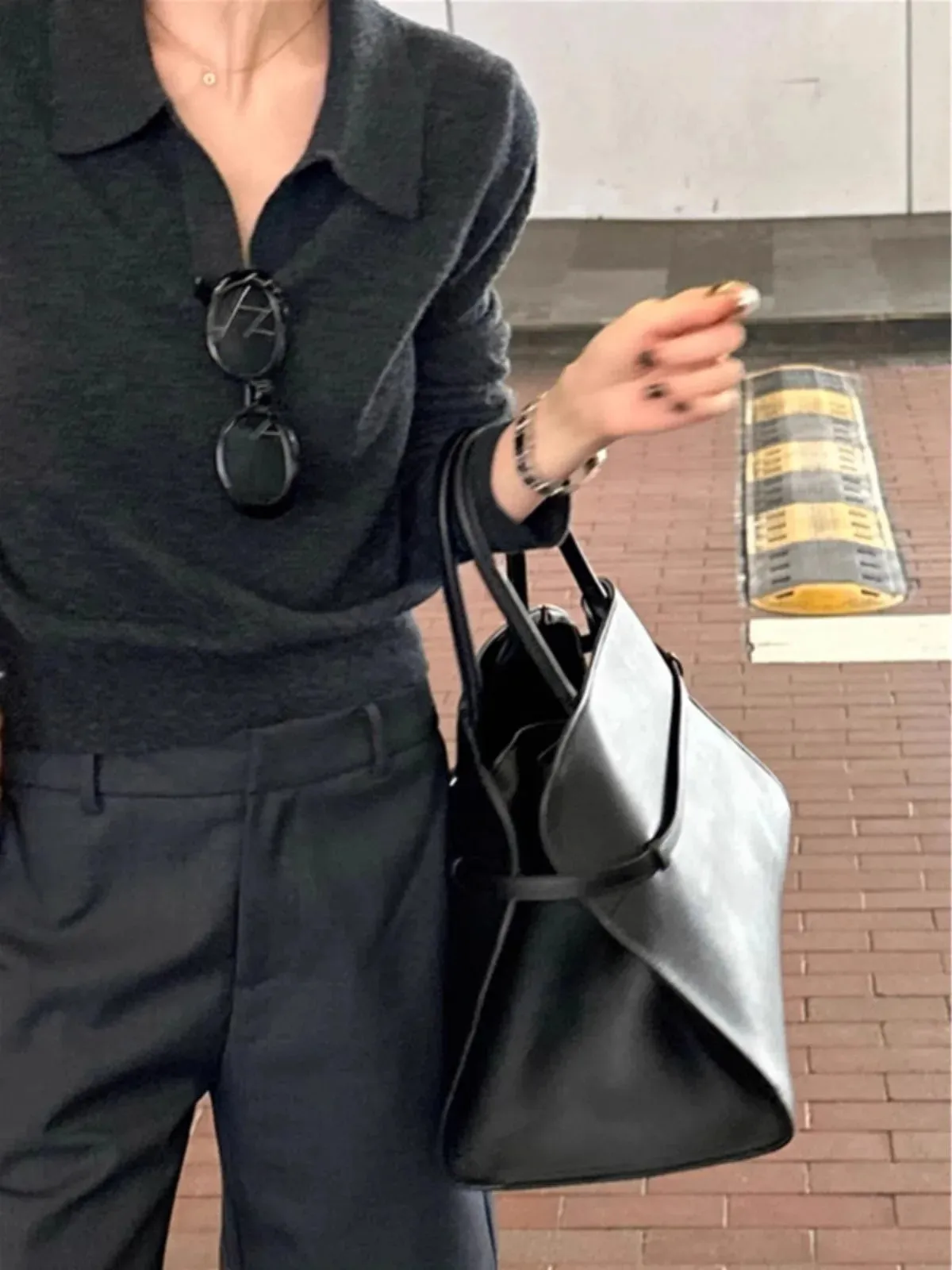 Flytonn-Temperament simple grey short POLO collar cashmere sweater women's spring and autumn loose thin lapel wool base shirt