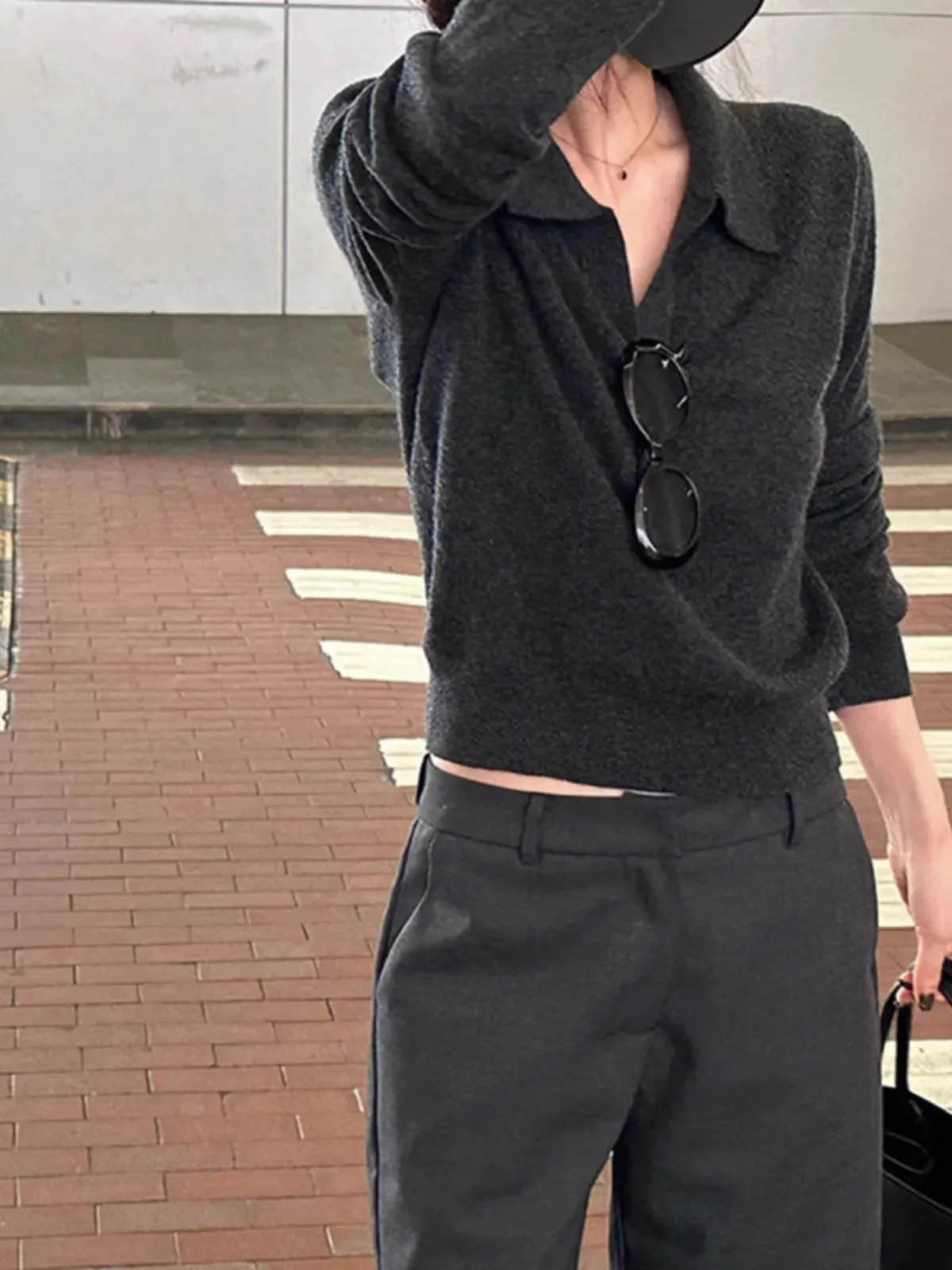 Flytonn-Temperament simple grey short POLO collar cashmere sweater women's spring and autumn loose thin lapel wool base shirt
