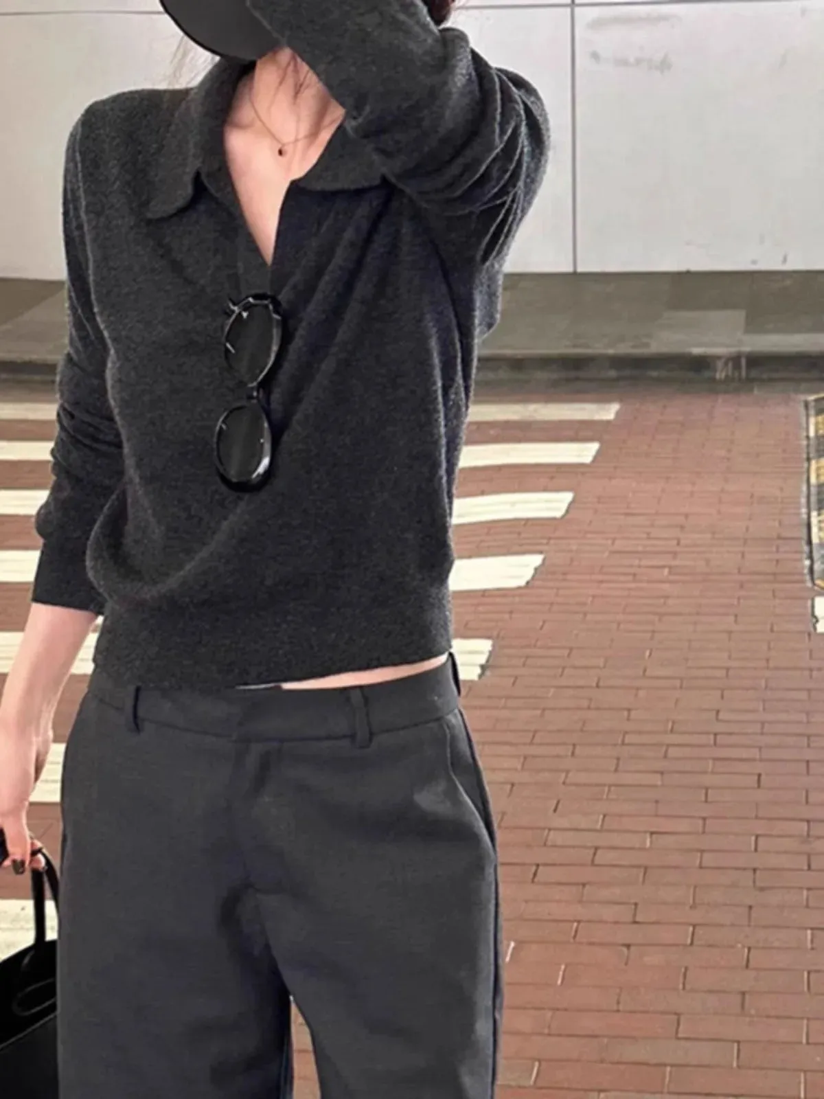 Flytonn-Temperament simple grey short POLO collar cashmere sweater women's spring and autumn loose thin lapel wool base shirt