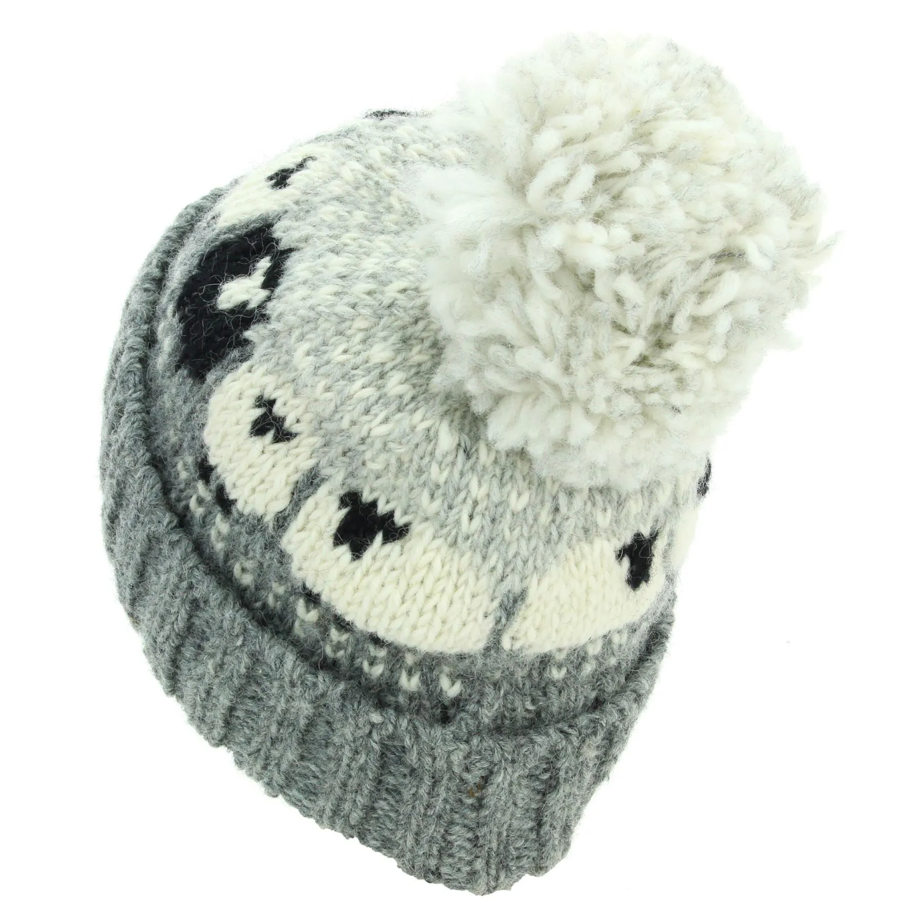 Hand Knitted Wool Beanie Bobble Hat - Sheep - Grey