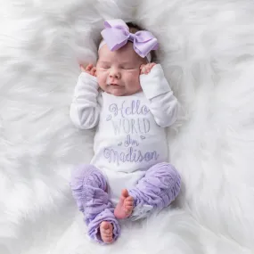 Hello World Baby Girl Leg Warmer and Personalized Bodysuit Set- Lavender