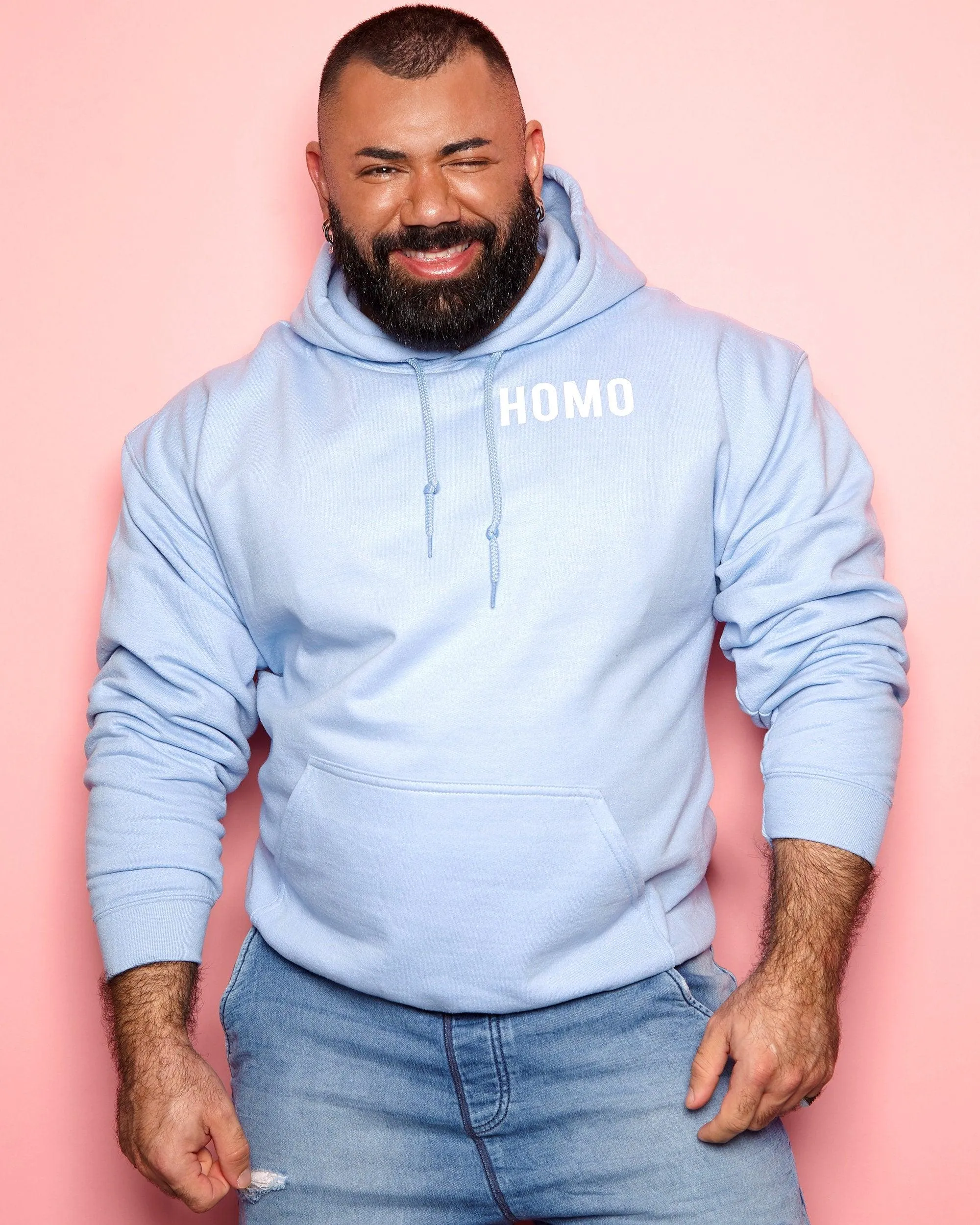 HOMO hoodie - White on Light Blue.