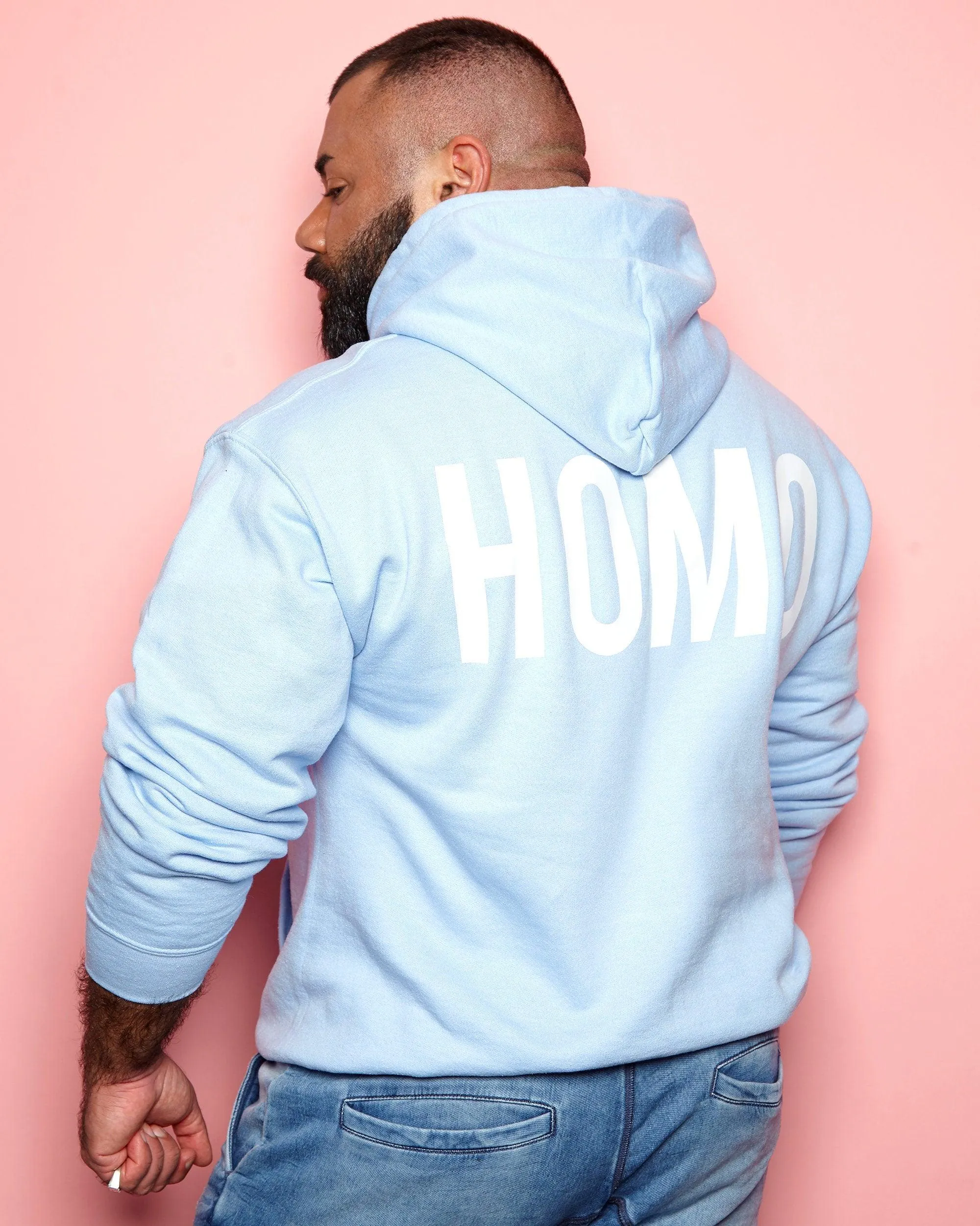 HOMO hoodie - White on Light Blue.
