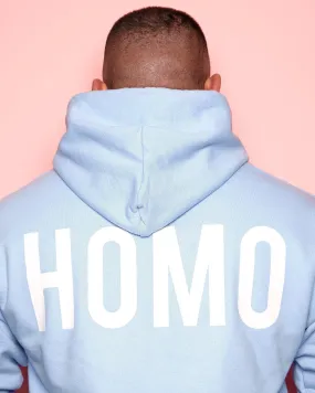 HOMO hoodie - White on Light Blue.