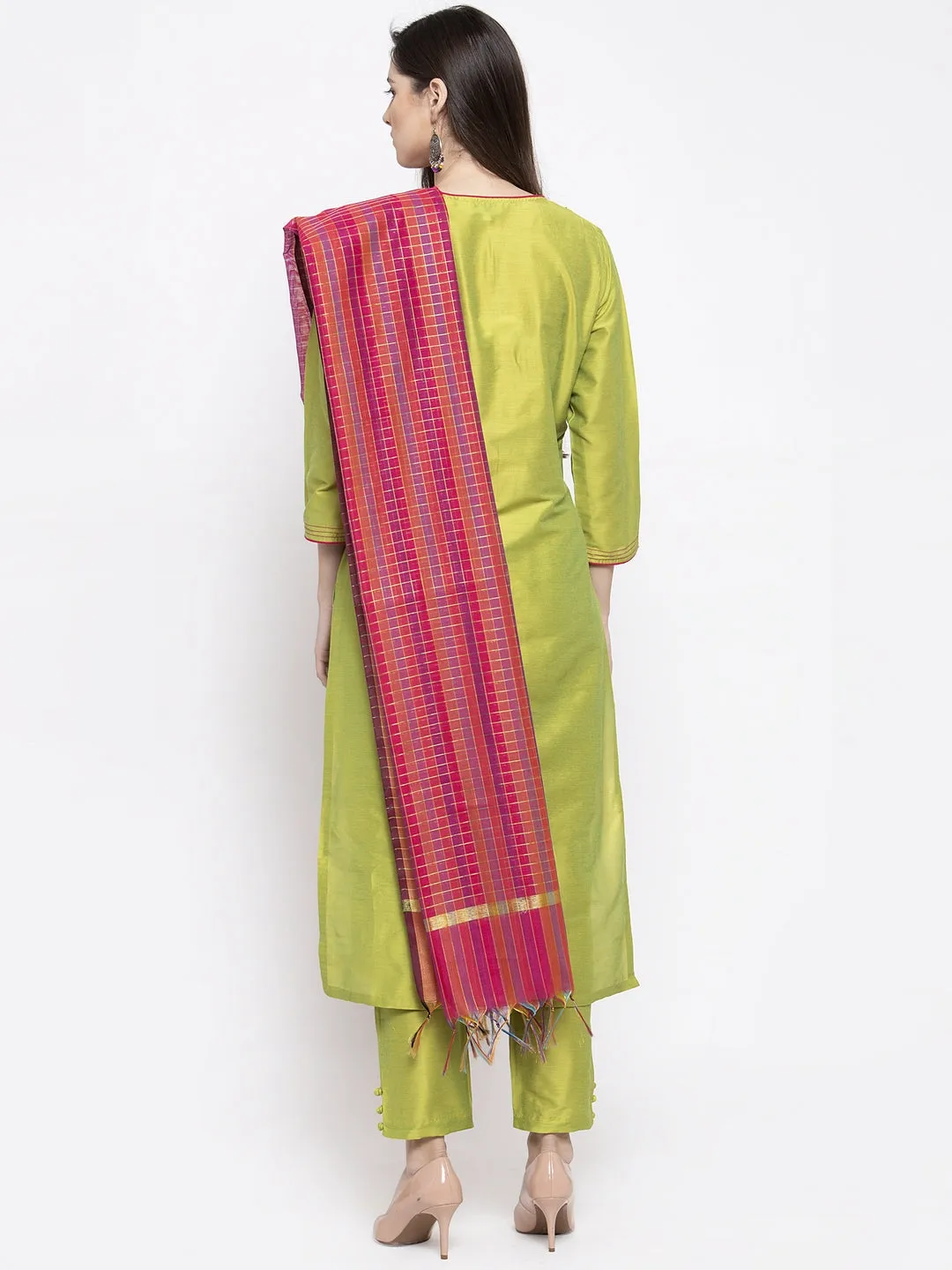 Jashvi Lime Green Solid Kurta With Trousers & Dupatta.