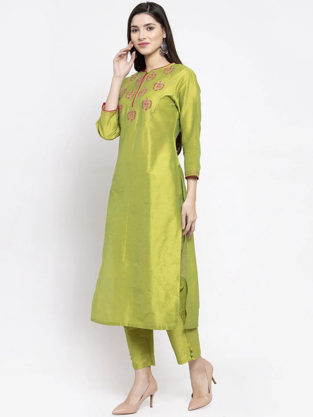 Jashvi Lime Green Solid Kurta With Trousers & Dupatta.