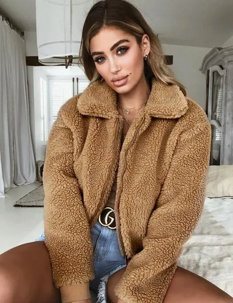 Lapel Collar Zipper Warm Women Winter Short Teddy Coat