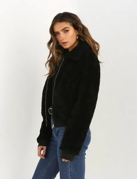 Lapel Collar Zipper Warm Women Winter Short Teddy Coat