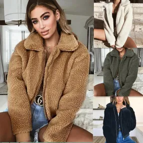 Lapel Collar Zipper Warm Women Winter Short Teddy Coat