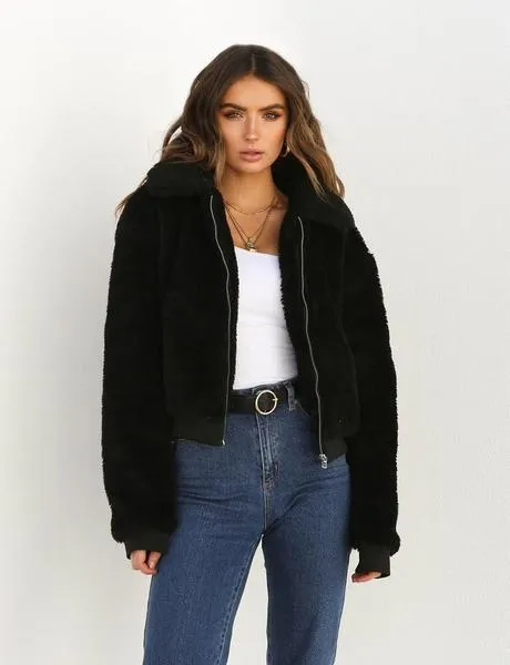 Lapel Collar Zipper Warm Women Winter Short Teddy Coat