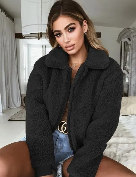 Lapel Collar Zipper Warm Women Winter Short Teddy Coat