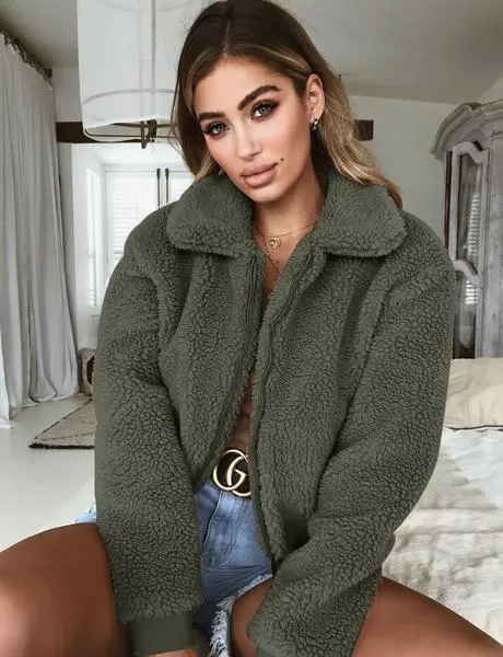 Lapel Collar Zipper Warm Women Winter Short Teddy Coat