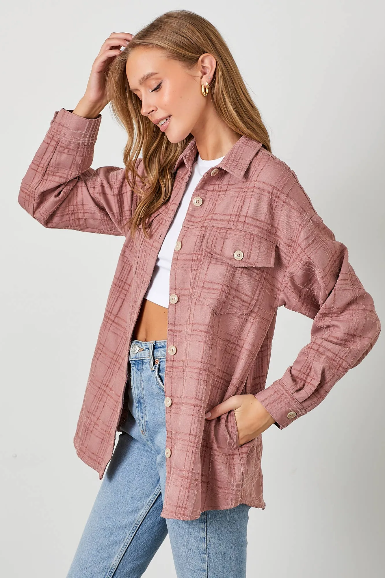 Mauve Plaid Textured Woven Shacket