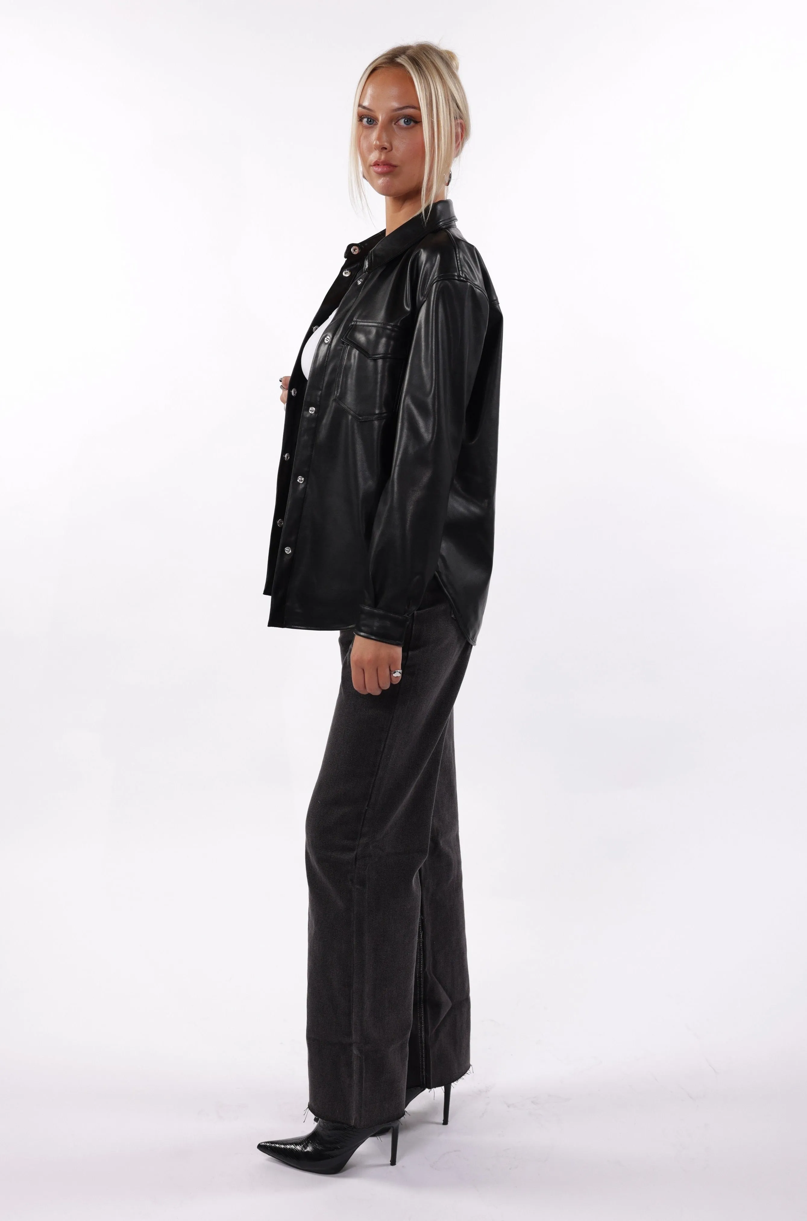 Melrose Faux Leather Oversized Shirt Black