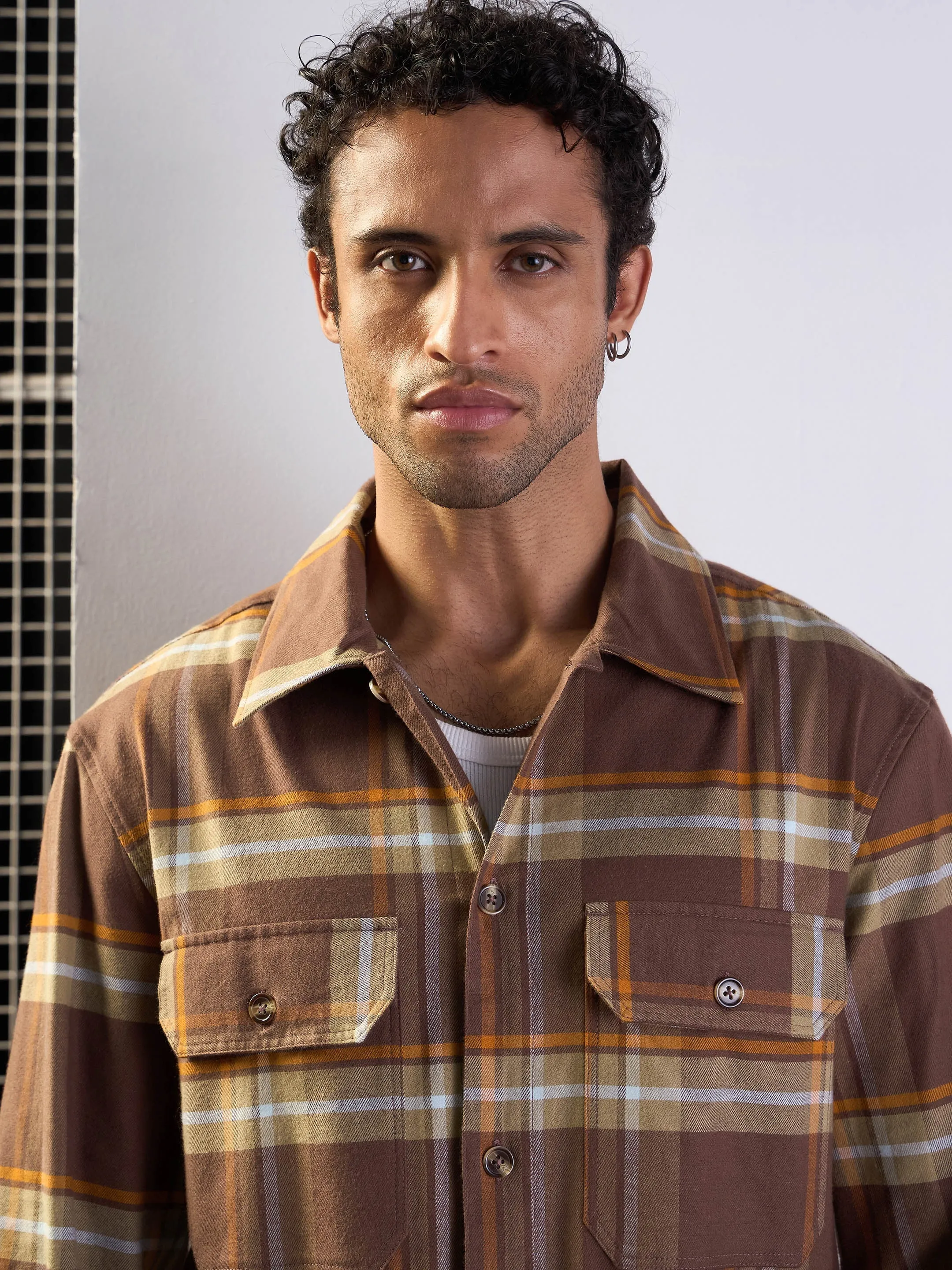 Men Brown & Khaki check Side Pocket Shacket