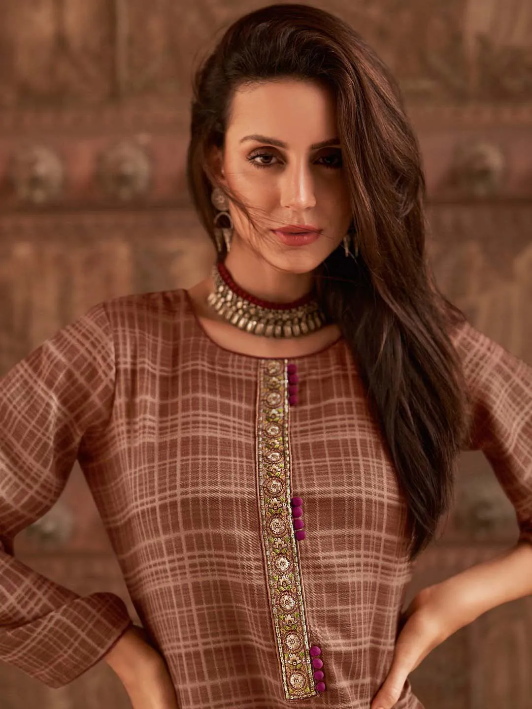 Mumtaz Arts Unstitched Brown Pashmina Winter Suit for Ladies