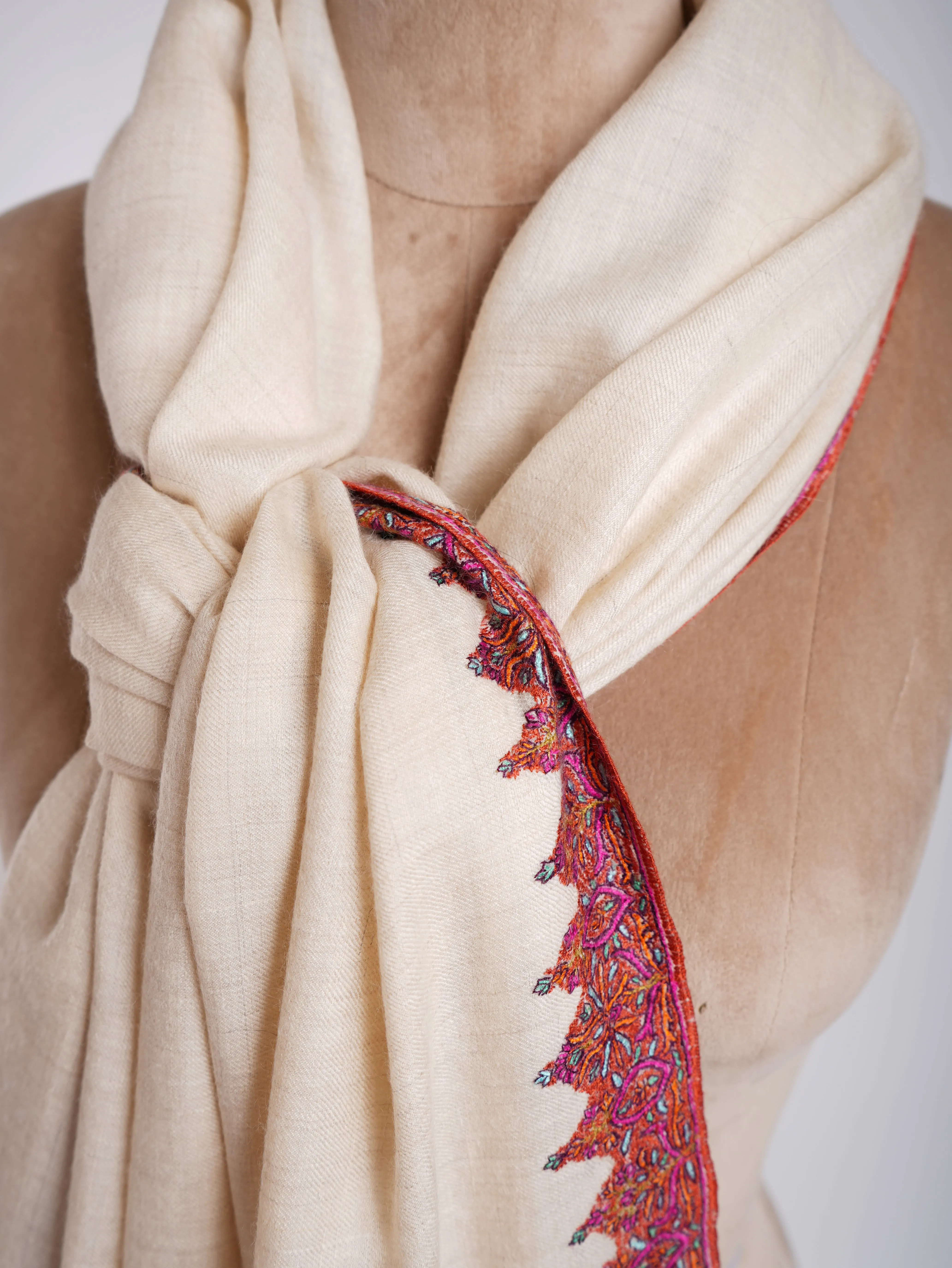 Neemdaur Hand Embroidery Kashmiri Pashmina Shawls White