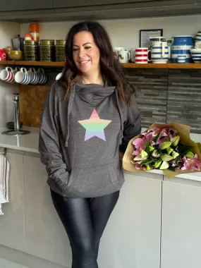 Pastel Rainbow 'Star' Luxe Christmas Hoodie - Charcoal